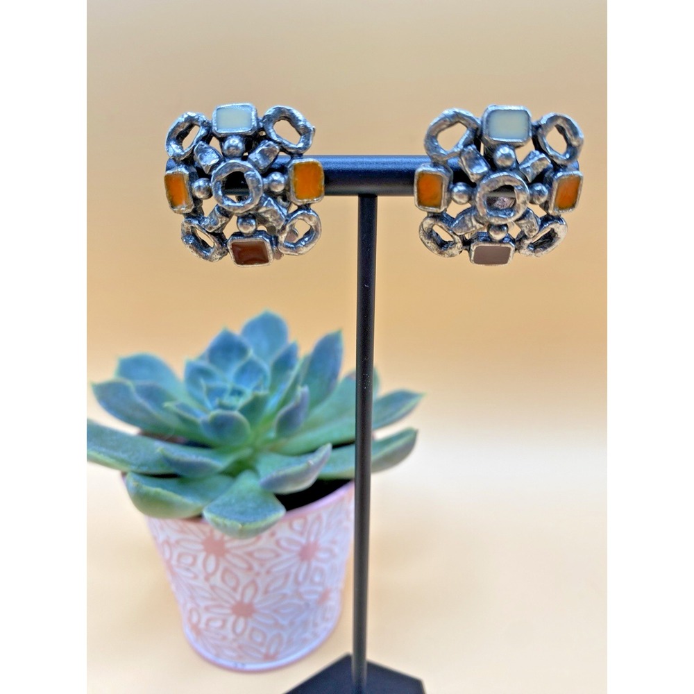 Vintage Estate Florenza Multicolor Stone Deco Silver Tonel Clip On Earrings